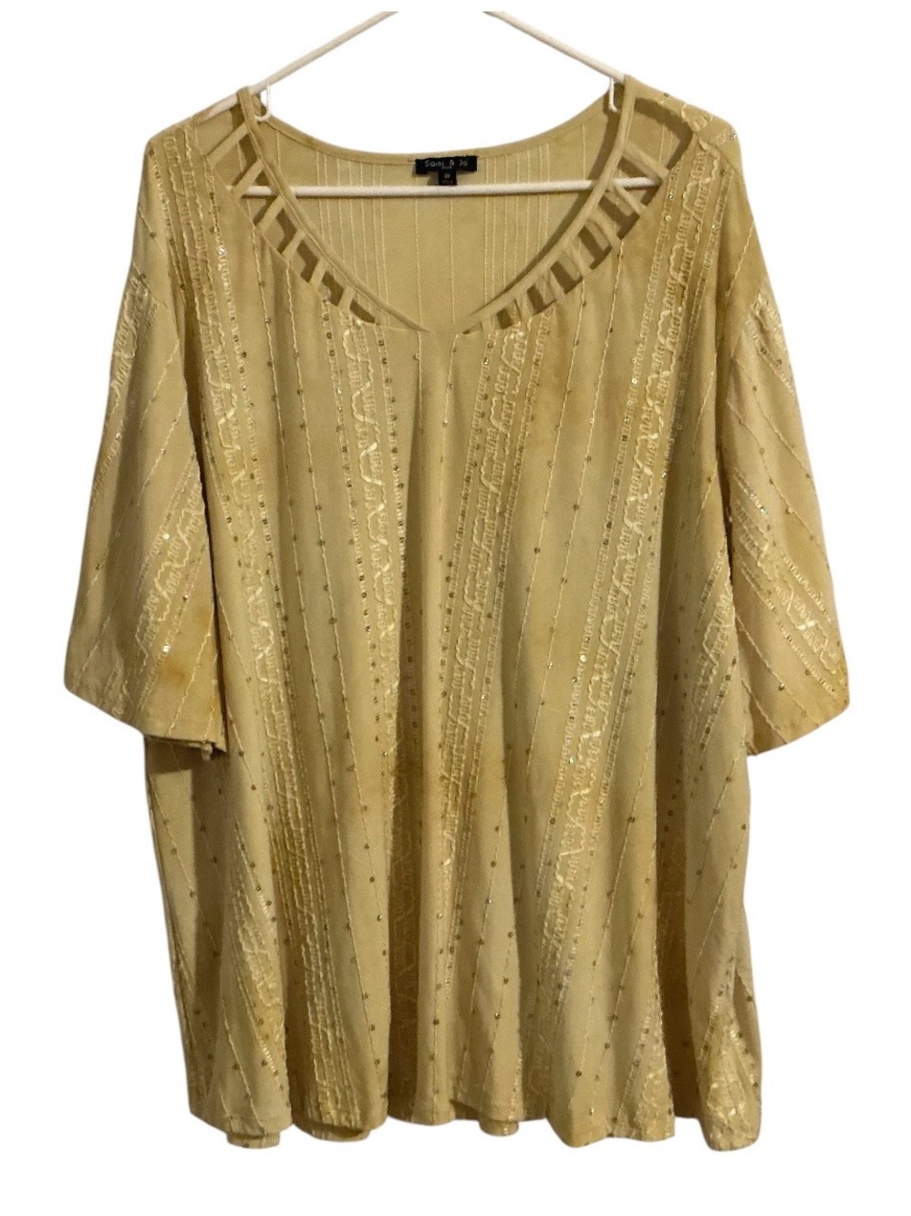 Sami & Jo Plus 3X Top Marbled Lemon Yellow Sequin Lattice Neck Textured Boho